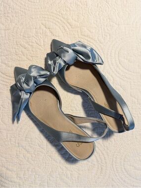 Seychelles NEVE Powder Blue Satin Pointed-Toe Bow Slingback kitten heel